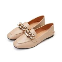 Mocasines de piel auténtica para mujer, cadena de tacón bajo, tacón grueso, tacones altos, zapatos de mujer antideslizantes con punta redonda, albaricoque de primavera - details 0