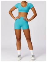 Conjunto de mallas de yoga, top, conjunto deportivo Fiess de manga corta, material de nailon para mujer, patrón sólido adaptable para primavera/verano - details 1