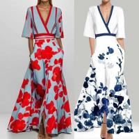 Ohsisa 2025 verano nuevo vestido largo informal estampado de media manga con cuello en V elegante y a la moda para mujer - details 2
