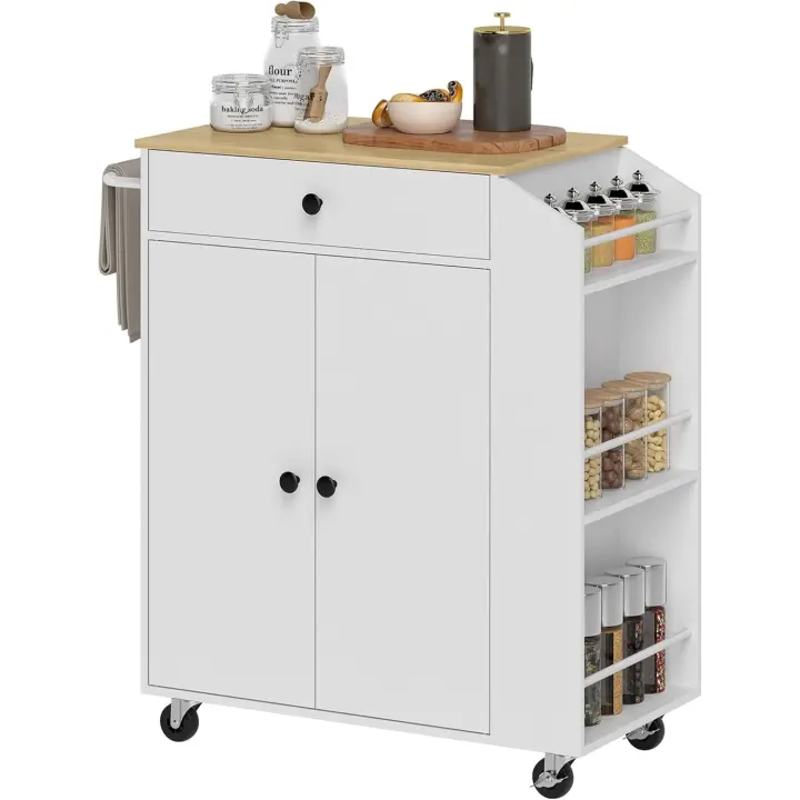 Isla de Cocina Móvil con Ruedas Mueble Auxiliar de Cocina de 3 Niveles con Tarro Especial para Especias y Estante Ajustable 82x38x86,5 cm Blanco - 1