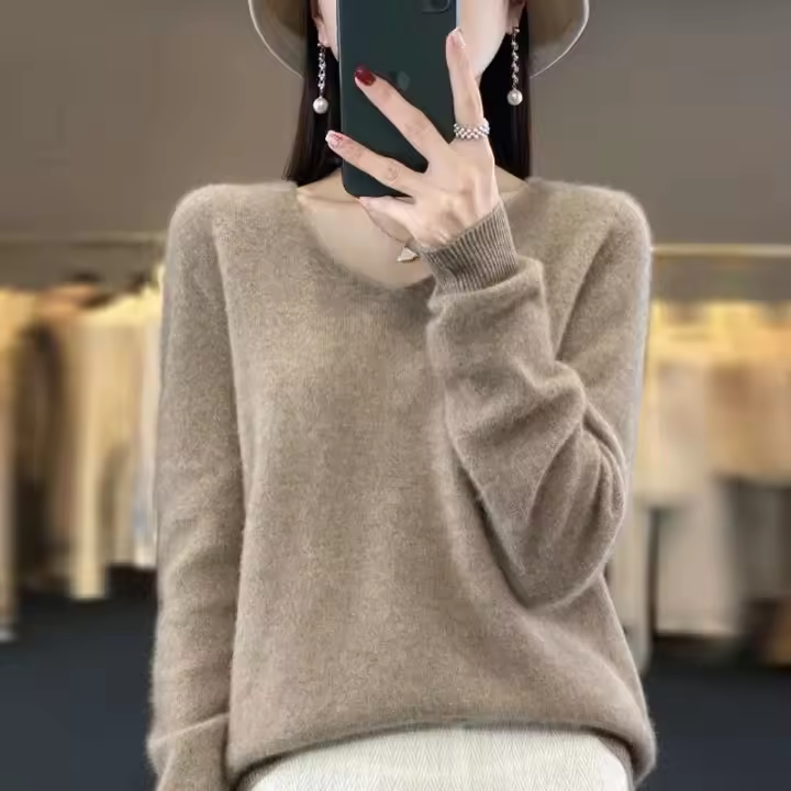 2024 100% Merino pura lana con cuello en V Otoño e Invierno suéter nuevo suéter de cachemira de las mujeres Casual de punto Top DMR201 - 1