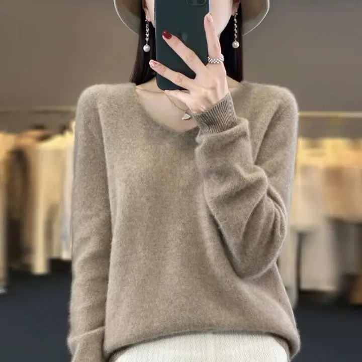 2024 100% Merino pura lana con cuello en V Otoño e Invierno suéter nuevo suéter de cachemira de las mujeres Casual de punto Top DMR201 - 1