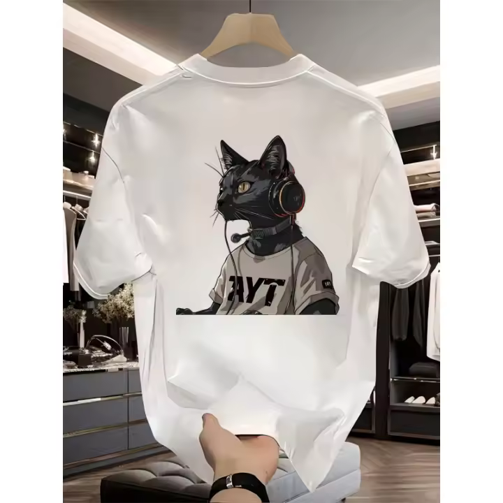 Camiseta Gráfica de Algodón para Hombres Negro Geométrico de Gato con Auriculares - 1