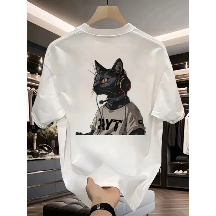 Camiseta Gráfica de Algodón para Hombres Negro Geométrico de Gato con Auriculares - 1