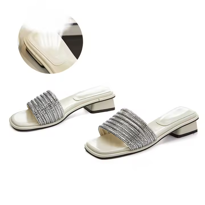 Zapatillas de tacón grueso con diamantes de imitación nuevas medias zapatillas ropa exterior de mujer con falda casual moda versátil sandalias - 1