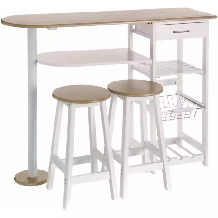 Taburetes con 1 Cajón, 2 Estantes, Cesta extraíble y Botellero para Cocina de Madera Blanco y Natural - 1
