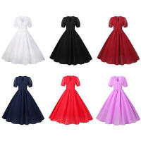V neck women summer solid lantern short sleeve chiffon elegant vintage long party dress - details 1