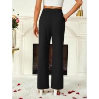 Acampanado para mujer, botones cruzados lisos, pierna recta, cintura alta, pantalones casuales de algodón elástico cómodo - details 4