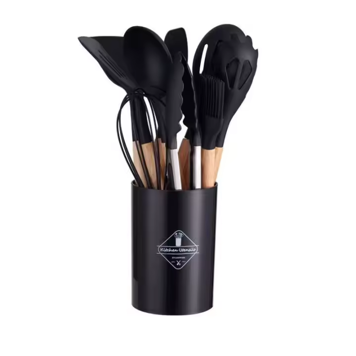 Juego de Utensilios de Cocina de Silicona Resistente y Antideslizante 11 Piezas Completas con Soporte de Acero Inoxidable Incluye Espatula y Cuchara de Almacenamiento - 1