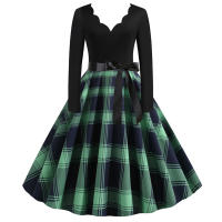 Women plaid print long sleeve vintage a line party dress v neck - details 37