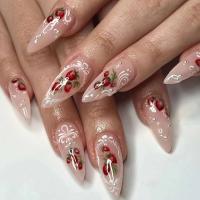 24 piezas de fresa vintage para niña, decoración romántica Ence Blanco, parches de uñas postizas desmontables, almendra en relieve - details 0