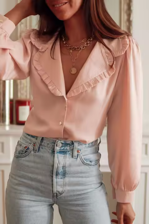 Elrachen Camisa de manga abullonada con botones y cuello de solapa con volantes rosa para mujer, rosa, tallas S-XL - 1