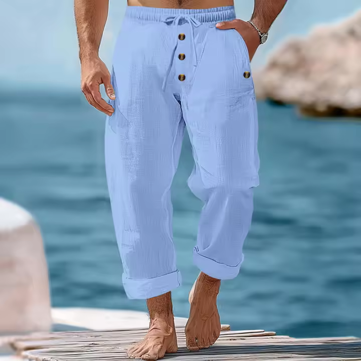 Pantalones de pierna recta con botones y cordón sueltos de lino de color sólido informales para hombre de primavera y otoño - 1
