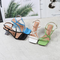 Sandalias de mujer de talla grande, color sólido, estilo trenzado, tacón alto con tiras y punta cuadrada - details 1