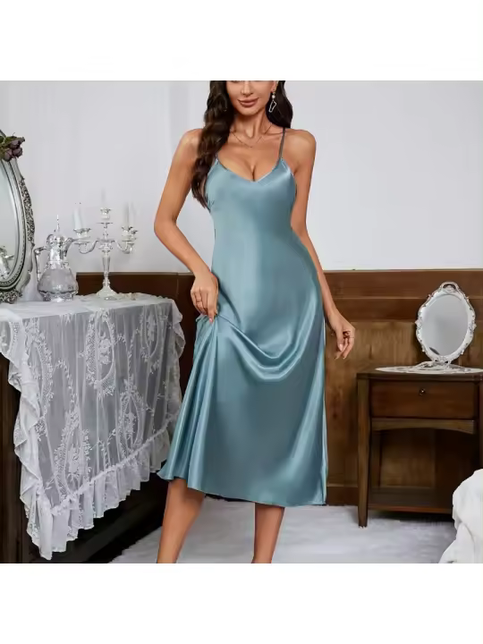 Pijamas para Mujer Sexy, Delgada, Sin Espalda, Media y Larga, Falda de Tirantes de Verano, Camisón de Seda de Hielo, Ropa de Estar - 1