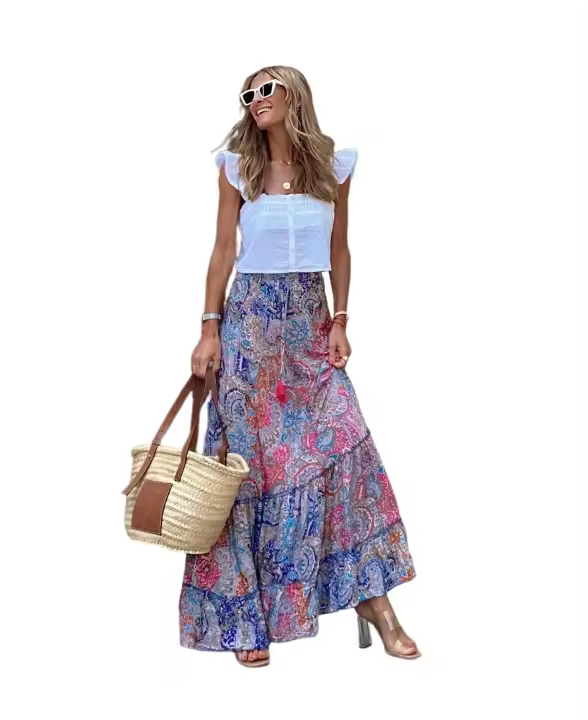 Faldas florales de calle de verano para mujer, cintura elástica, maxifalda con volantes, estampado Azul S - 1