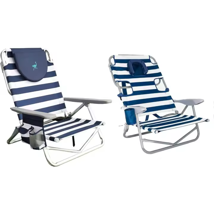 Silla de arena con forma de avestruz con bolsillo lateral con cremallera y silla de playa reclinable de 5 posiciones para exteriores con correa para mochila, azul rayado - 1