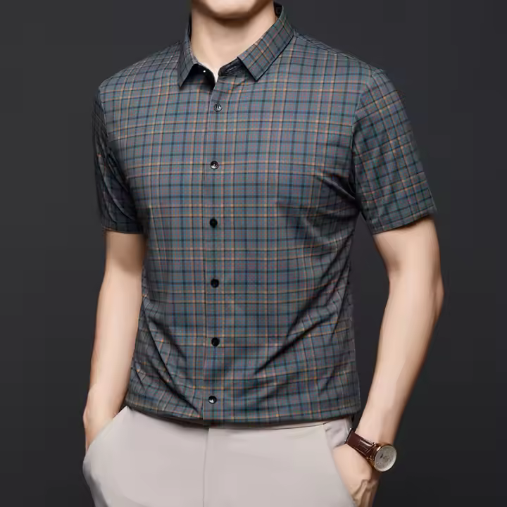 Camisa corta a cuadros ligera de alta gama, nuevo estilo de verano, informal de mediana edad, sin planchar, camisa de media manga en pulgadas para - 1