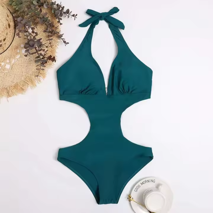 2023 sexy corte Trikini nuevo sólido Tre, escote en V profundo, espalda descubierta es un traje de baño Monokini para mujer Tre - 1