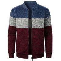 Autumn/winter men's stand-up collar striped check zipper knit top with fashion color matching - details 0