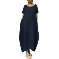 Vestido largo casual de verano para mujer, manga corta, cuello redondo TRE, bolsillos, largo hasta el tobillo - details 5
