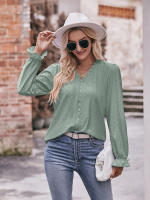 Blusa de gasa de retazos de encaje para mujer, camisa elegante informal de manga larga con cuello en V, trabajo de oficina, moda - details 24