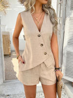 Conjunto de chaleco con botones estilo vacaciones de color sólido casual de primavera verano ropa de mujer. - details 1