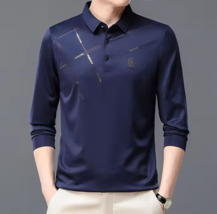 Camiseta de manga larga para hombre, Polo informal con cuello de moda sin hierro, para negocios, otoño, 2025 - 1