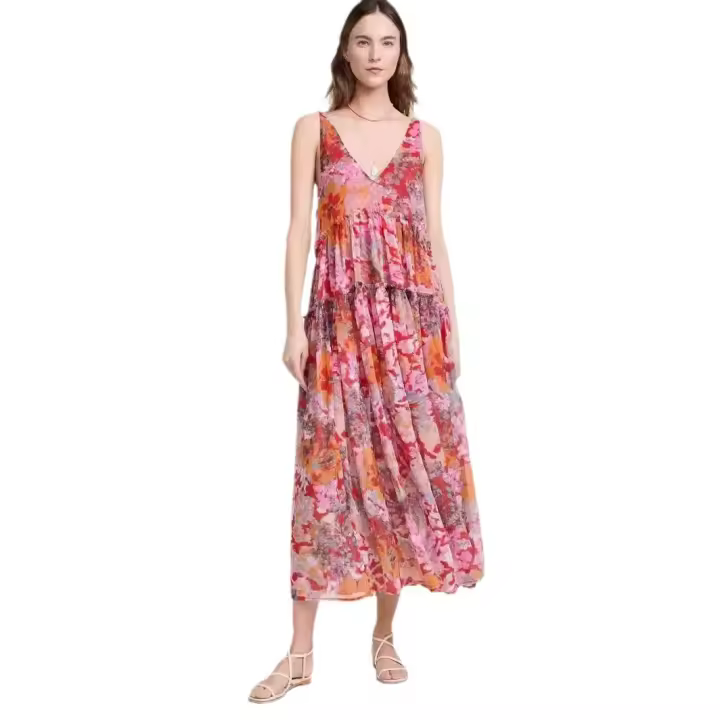 Primavera y verano europeos y americanos nuevo vestido de tirantes con estampado de gasa INS vestido suelto informal de vacaciones - 1