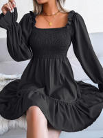 Vestido elegante de manga larga para mujer, falda de cuello cuadrado, de Color sólido vestido de volantes, moda de primavera y otoño - details 28