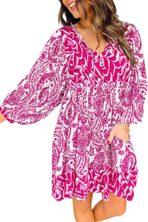 Elrachen Mini vestido acampanado con cuello en V y manga abullonada floral bohemio para mujer, rosa, tallas S-XL - 1