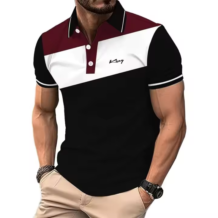 Polo informal de negocios para hombre, camisa de manga corta con estampado digital 3D, bloques de color, moda de verano - 1