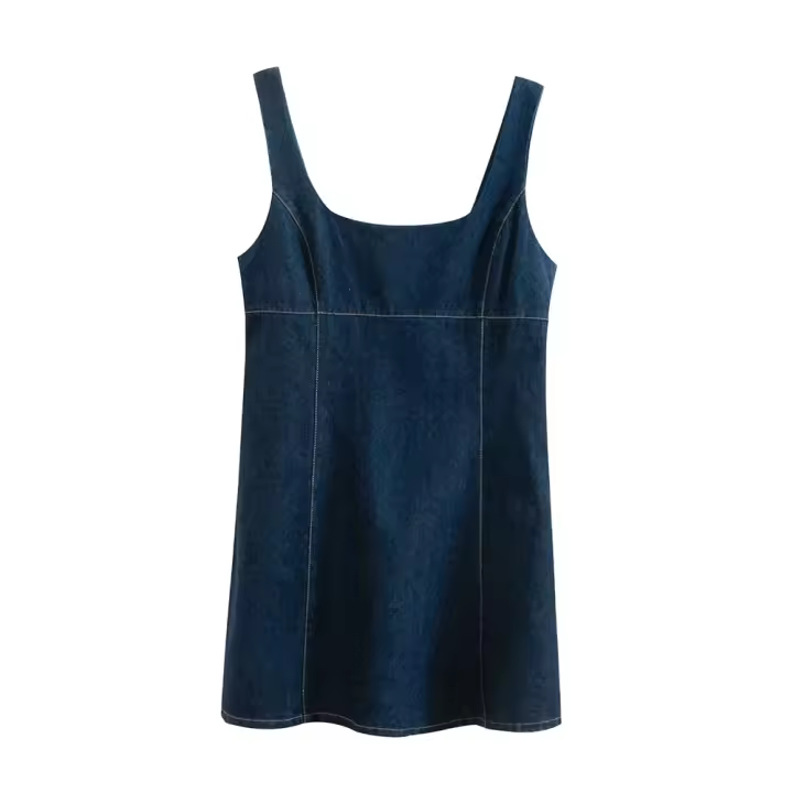 PB & ZA2025vestido con tirantes de mezclilla simple e informal versátil con tirantes anchos y cuello cuadrado Falda corta novedad de verano ropa de mujer - 1