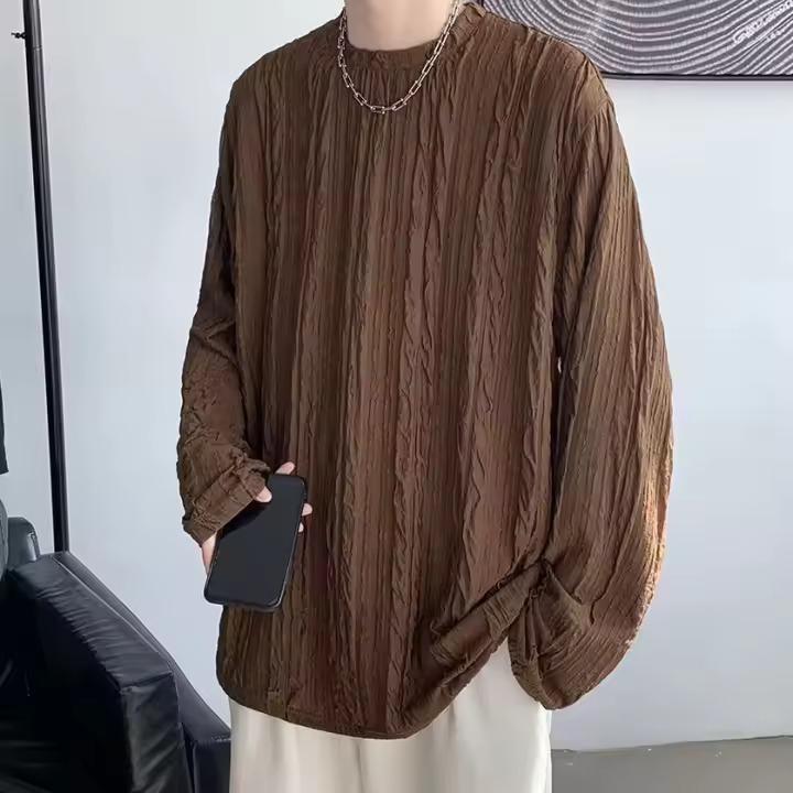 Camiseta de manga larga plisada con textura marrón, camisa interior de fondo para hombre, Top holgado de alta calidad para primavera y otoño - 1