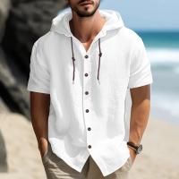 Camisa de lino y algodón de manga corta para hombre, informal, color sólido, con capucha, talla grande, ropa de hombre - details 5