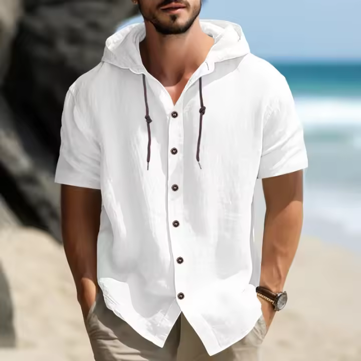 Camisa de lino y algodón de manga corta para hombre, informal, color sólido, con capucha, talla grande, ropa de hombre - 1