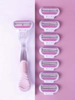 Juego de cuchillas de afeitar de acero inoxidable para mujer, 1 MANGO y 8 cuchillas, herramienta de depilación Manual de Bikini de 3 capas, maquinilla de afeitar de seguridad reemplazable - details 3