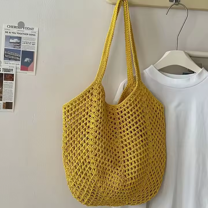 Bolso tejido de algodón de gran capacidad para ocio, bolso de paja hueco, bolso de hombro, bolso de playa para vacaciones - 1