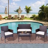 Muebles de Jardín de Ratán, 4 Piezas, Conjuntos de Muebles de Jardín Exterior, 2 Sillones, 1 Sofá, Mesa de Cristal Templado - details 2