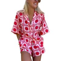 Conjunto de Moda para Mujer Camisa con Estampado Geométrico, Top y Pantalón, Traje con Borla, Manga Corta, Blusa con Bolsillo, Pantalones Cortos Elásticos de Cintura Alta, Traje de Playa - details 0