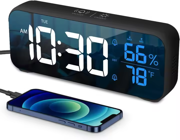 Reloj Despertador Digital LED Grande 18 Sonidos, 5 Brillo, 4 Volumen, Snooze Time, Hecho en China - 1