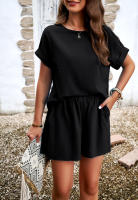 Conjuntos de verano de 2 piezas para mujer, Tops de manga corta y pantalones cortos con bolsillos, Negro S - details 3