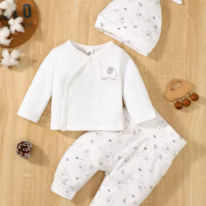 Conjunto de Ropa Diaria para Bebé de 0-9 Meses 3PCS Camiseta de Manga Larga, Pantalón y Gorro Elefante Algodón y Spandex Unisex Primavera y Otoño - 1