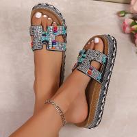 2025 nuevo arrastre de una palabra europeo y americano nueva moda zapatillas de plataforma de cuerda de cáñamo con diamantes de imitación zapatillas de corcho de playa sandalias casuales de mujer - details 8