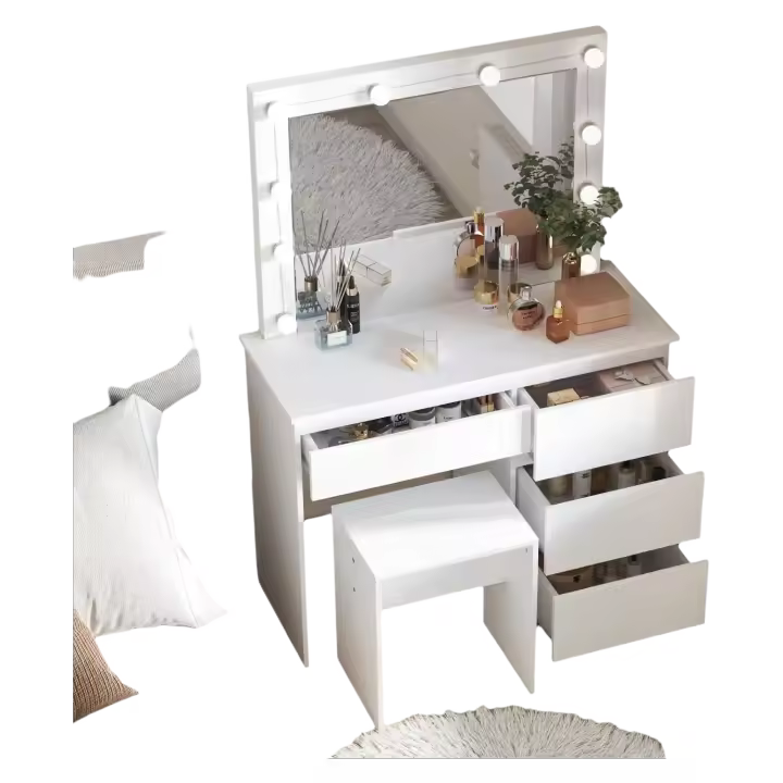 Maquillaje con Espejo 4 Cajones Mesa de Maquillaje con Taburete Moderno Cosmético con 10 Bombillas LED 90x40x140cm Blanco 0029SZT - 1