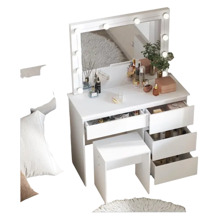 Maquillaje con Espejo 4 Cajones Mesa de Maquillaje con Taburete Moderno Cosmético con 10 Bombillas LED 90x40x140cm Blanco 0029SZT - 1