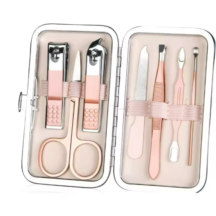 Juego de cortaúñas portátil profesional, de 7 piezas Kit de manicura, cuidado de cejas, cortapelos facial, acero inoxidable - 1