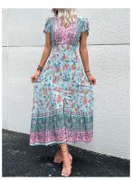 Vestido Boho Floral Vintage Manga Corta, Cuello en V, Vestido de Playa de Verano Bohemio - details 16