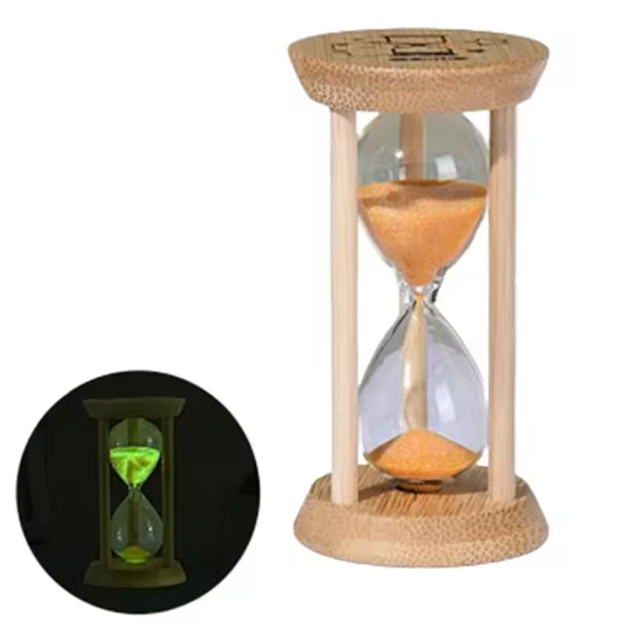 Reloj de arena fluorescente de bambú, temporizador de arena luminoso de vidrio transparente creativo, reloj de arena decorativo duradero de 1/10 minutos para dormitorio - 1