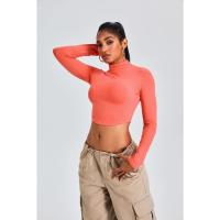 Top de entrenamiento de manga larga para mujer, diseño con orificio para el pulgar, Top de cuello alto con corte deportivo ajustado - details 0